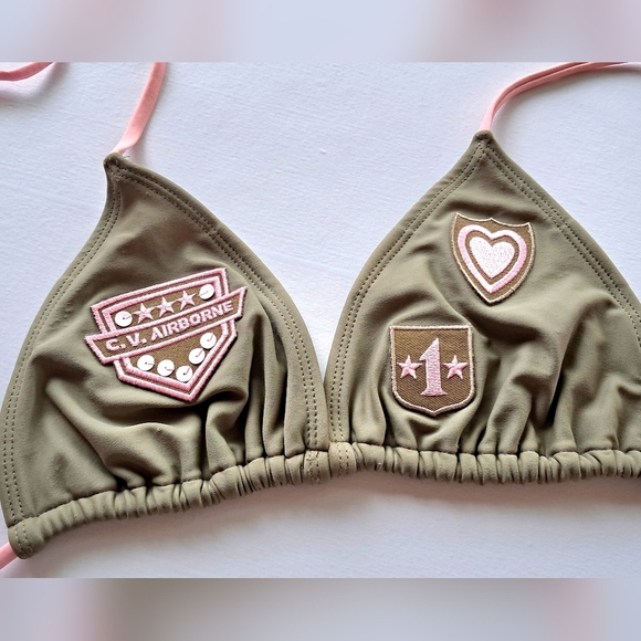 Olive Green Triangle Bikini Top with Patches - Picture 1 of 8